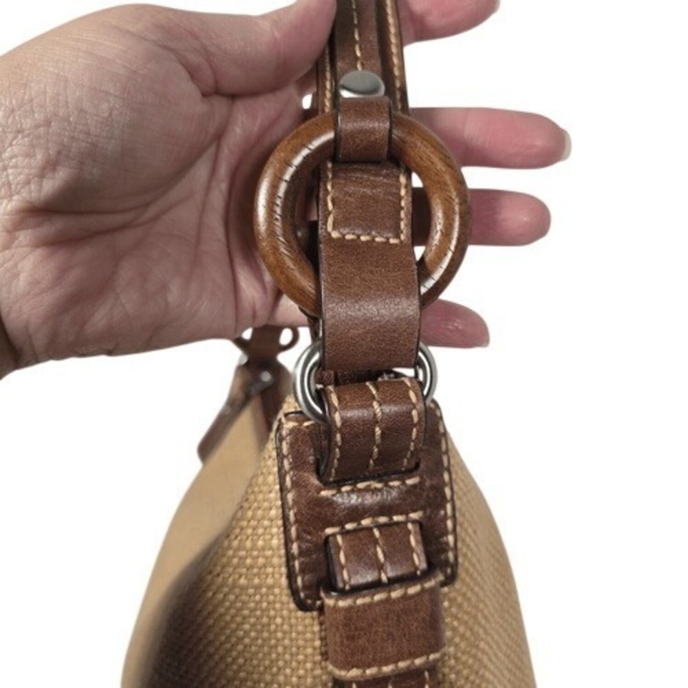 Fossil Straw Leather Floral‎ Canvas Hobo Bag Womens Small Brown Boho Key Charm - Picture 6 of 10